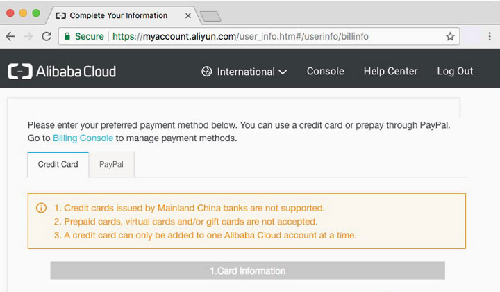 Alibaba Cloud Add Payment Method