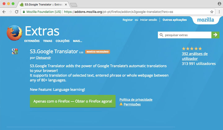 Mozilla Firefox Extras Google Translator