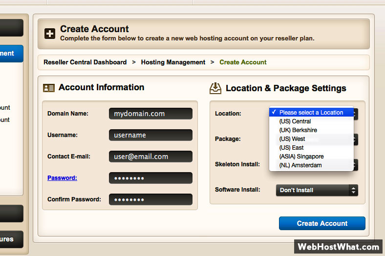 HostNine Reseller Web Host Account Creation