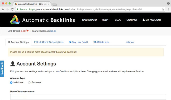 Automatic Backlinks Account Settings