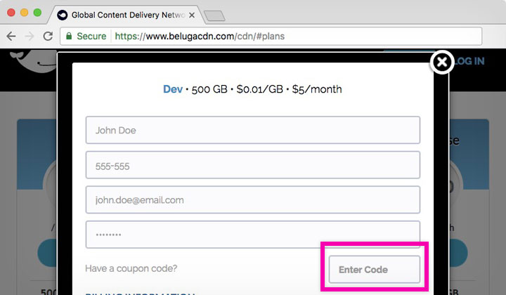 BelugaCDN Enter Coupon Code
