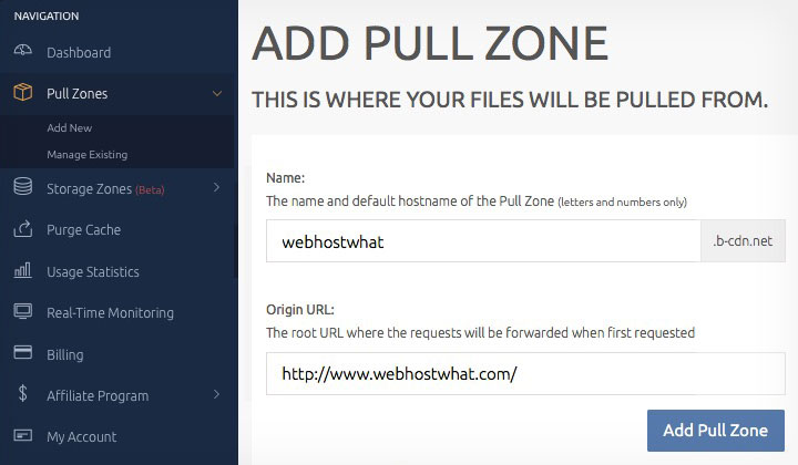 BunnyCDN Add Pull Zone