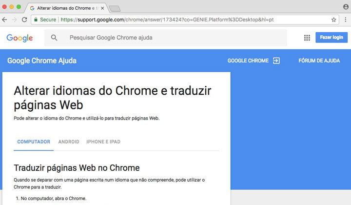 Chrome e traduzir páginas Web