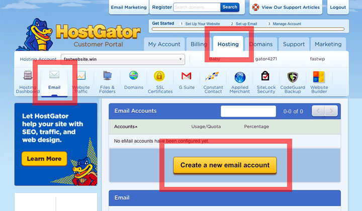 HostGator Create Email New Account