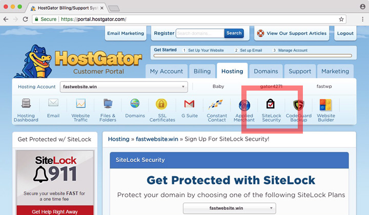 HostGator Customer Portal SiteLock Security