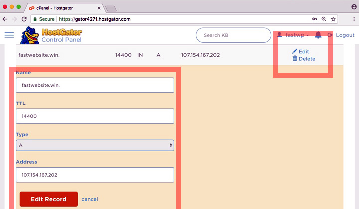 HostGator Edit A Record