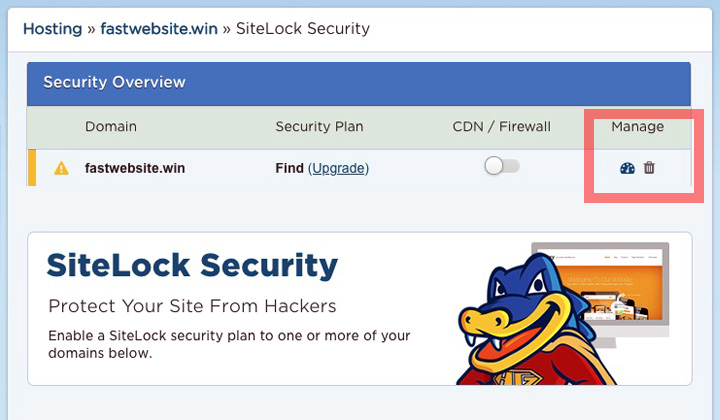 HostGator Manage Website SiteLock