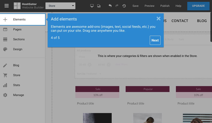 HostGator Site Builder: Add Elements