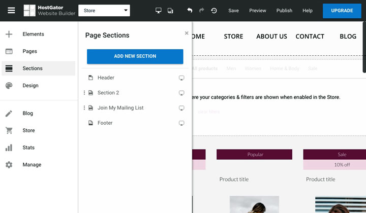HostGator Site Builder: Page Sections