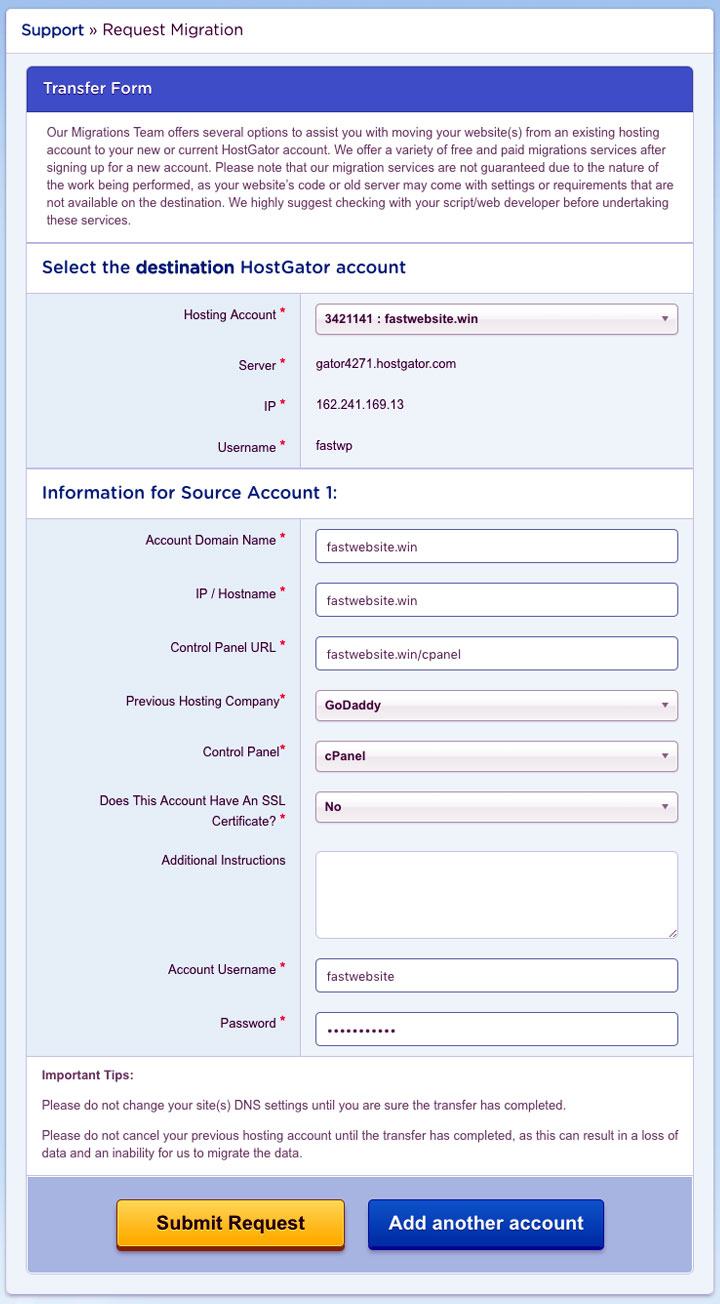 HostGator Support Request Migration