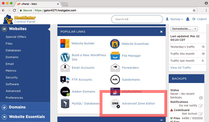 HostGator cPanel Advanced Zone Editor