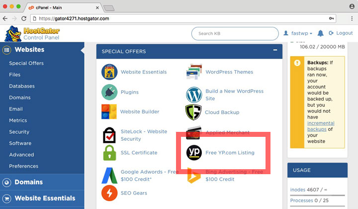 HostGator cPanel Free YP.com Listing
