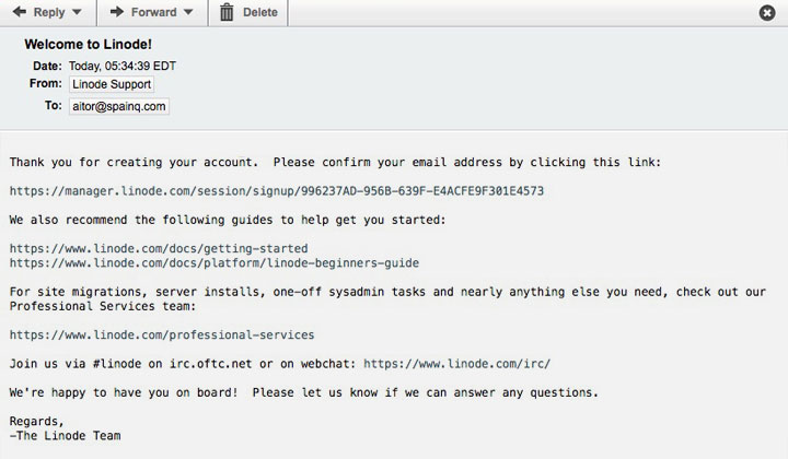 Linode Confirmation Email