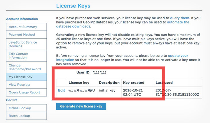 MaxMind GeoIP2 License Keys