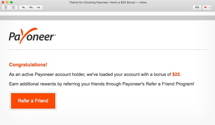 Payoneer $25 Bonus Email