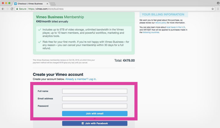 Vimeo Business Discount Step #2