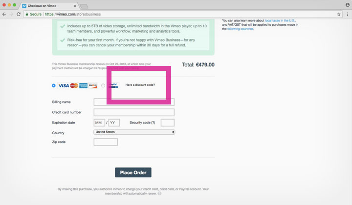 Vimeo Business Discount Step #3