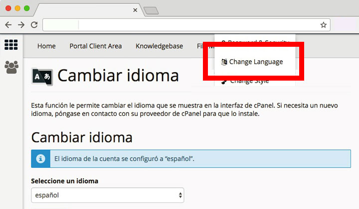 cPanel Cambiar Idioma