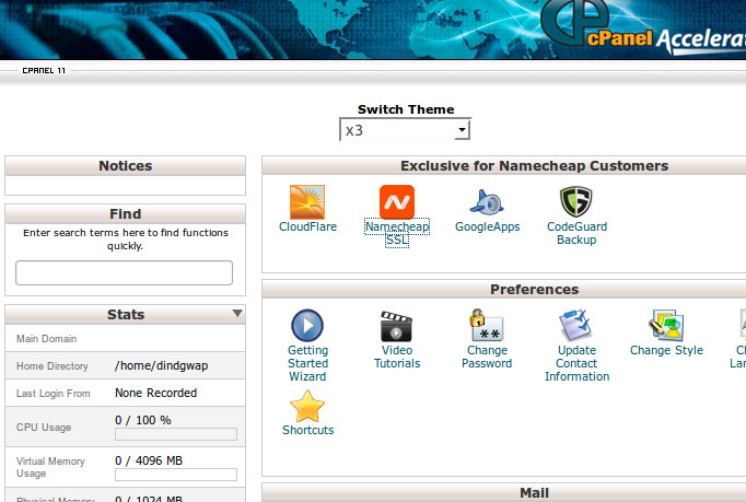 cPanel Menu - NameCheap SSL